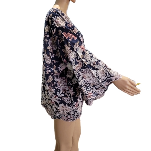 Navy Blue Open Front Kimono Style Cover Up Floral Paisley Print Embroidery OSFM - Picture 3 of 7